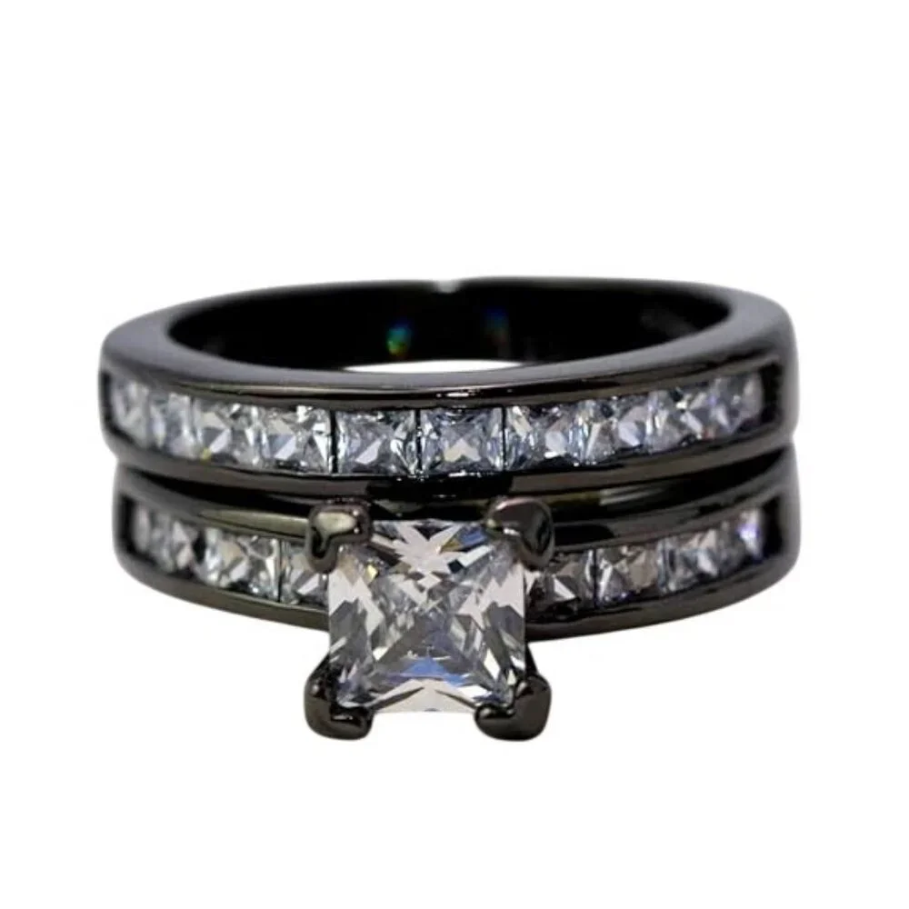 Princess Cut 6MM Black Tungsten Engagement Wedding Ring set